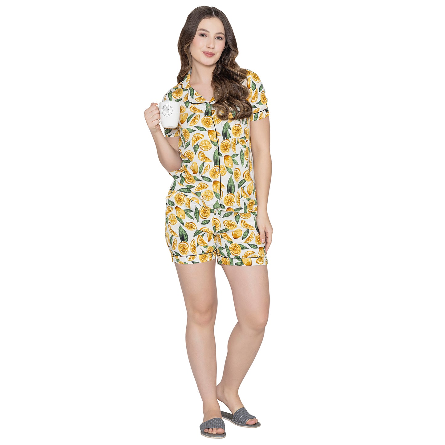 Women's Printed Night Suit Set Of Top & Shorts - Yellow