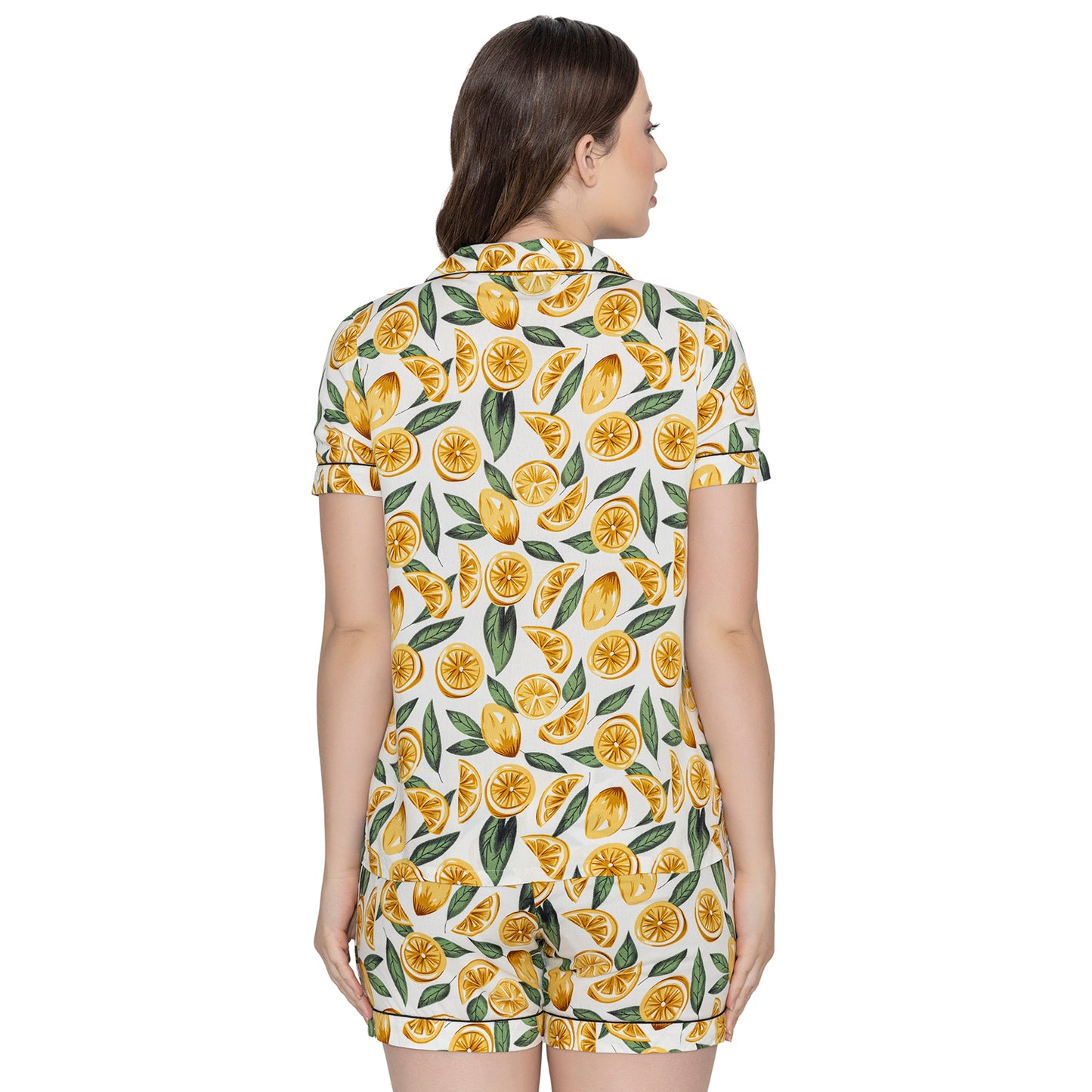 Women's Printed Night Suit Set Of Top & Shorts - Yellow