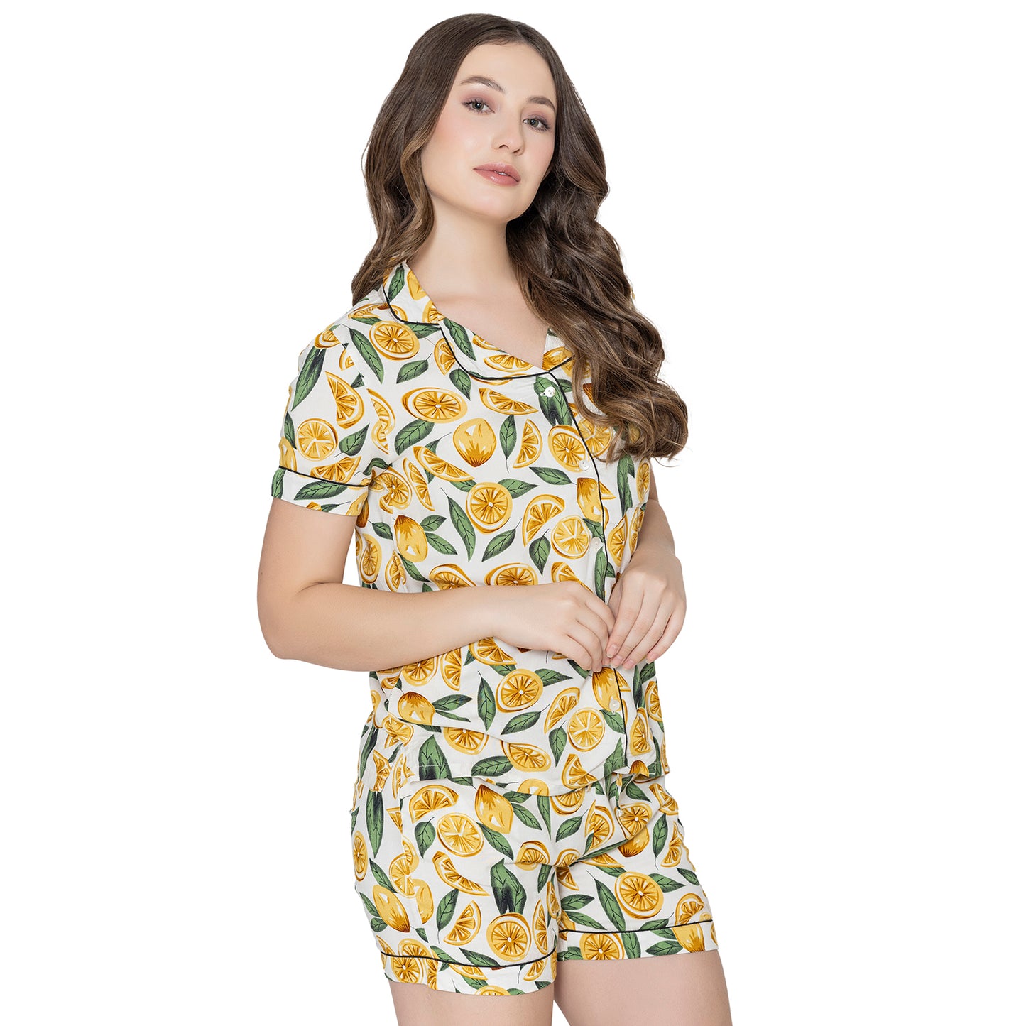 Women's Printed Night Suit Set Of Top & Shorts - Yellow