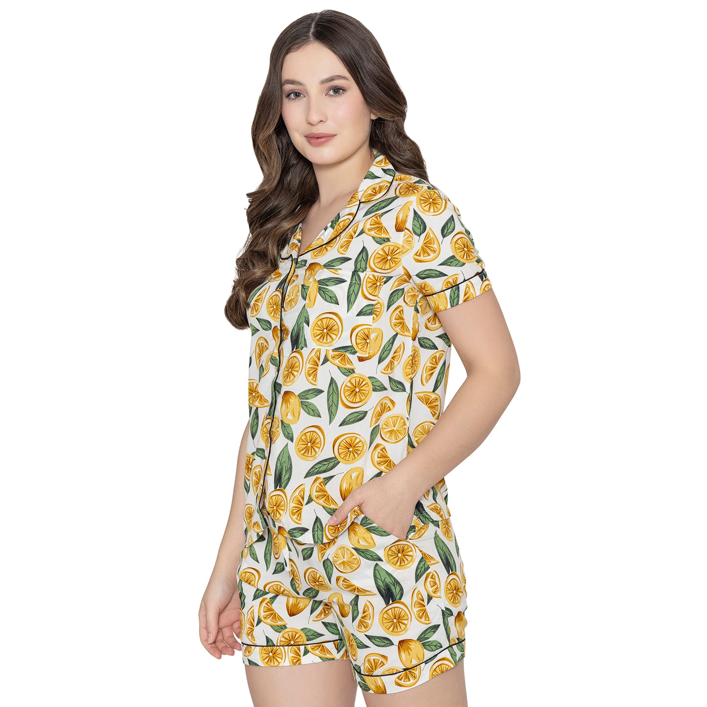 Women's Printed Night Suit Set Of Top & Shorts - Yellow