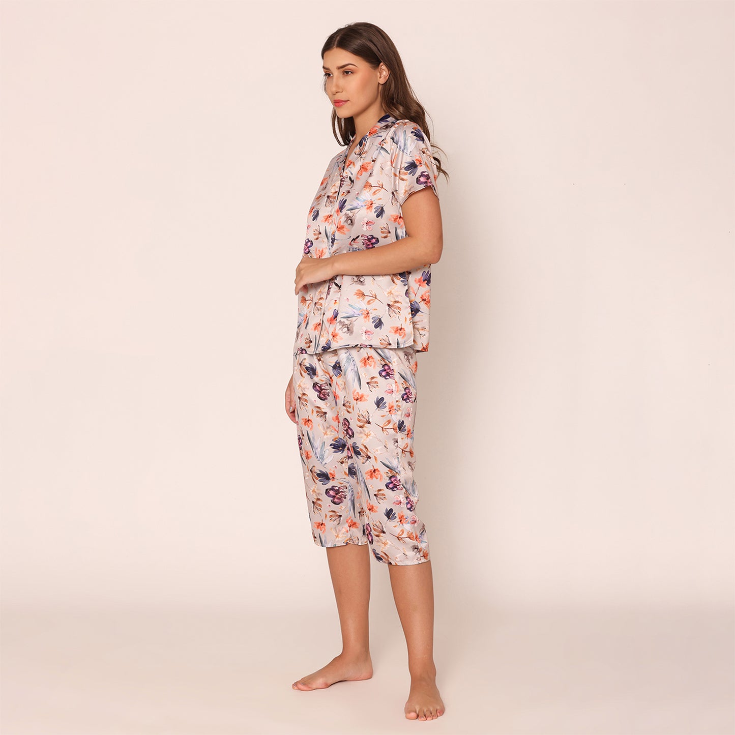 Women's Satin Floral Fantasy Night Suit Set of Shirt & Capri