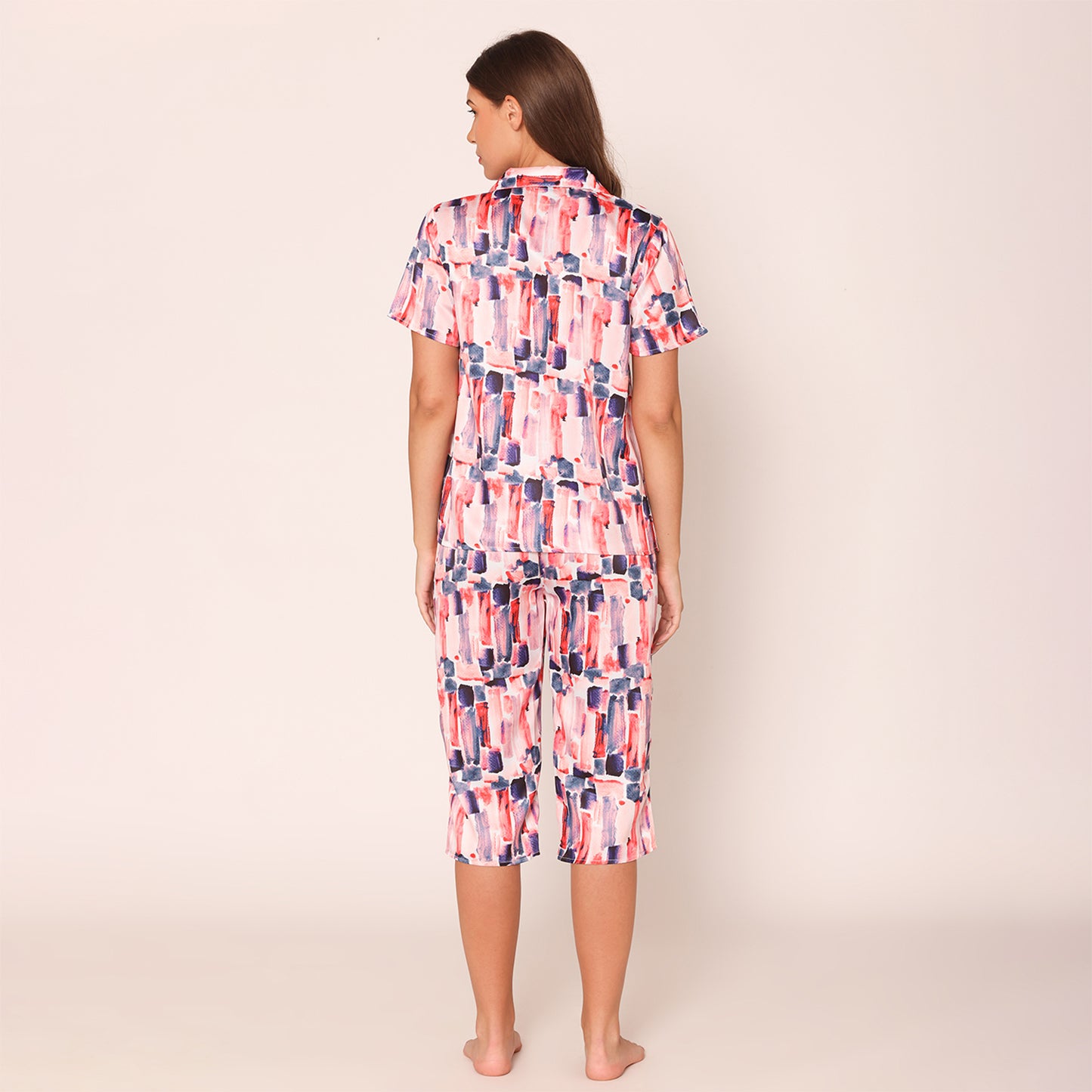 Women's Satin Paradise Night Suit Set of Shirt & Capri