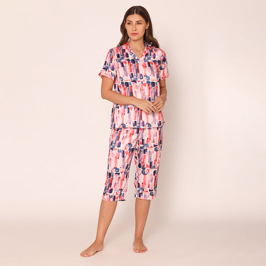 Women's Satin Paradise Night Suit Set of Shirt & Capri