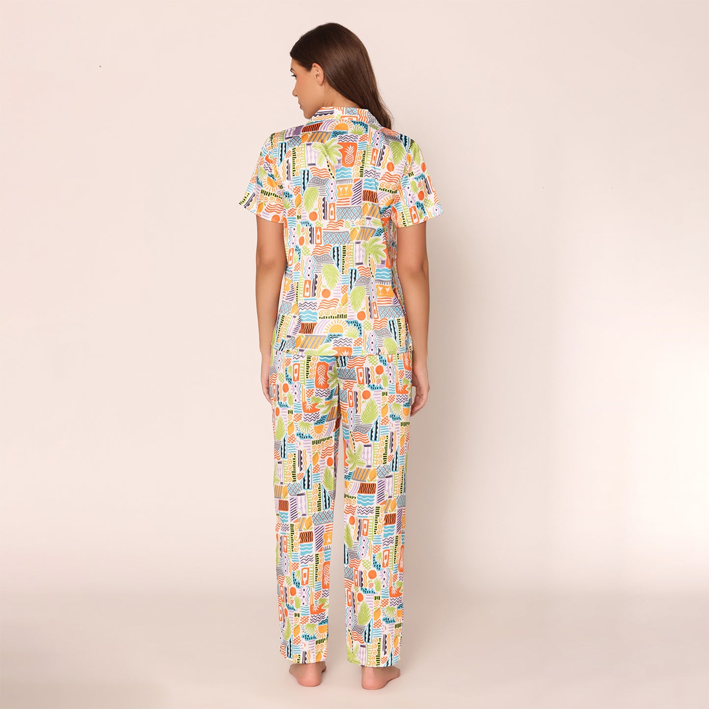 Vibrant Visions Satin Shirt & Pajama Night Suit Set for Women