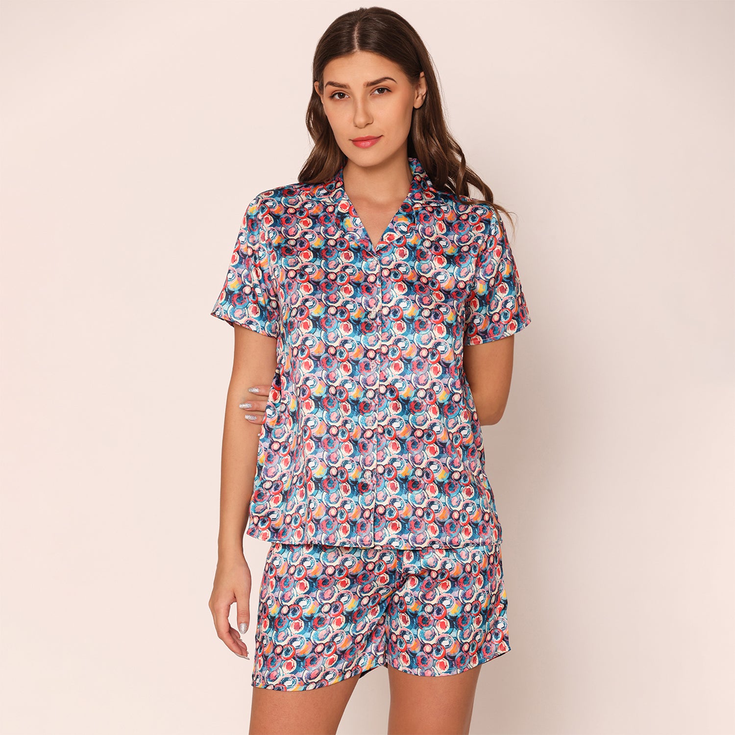 Women's Painted Paradise Satin Night Suit Set of Shirt Shorts