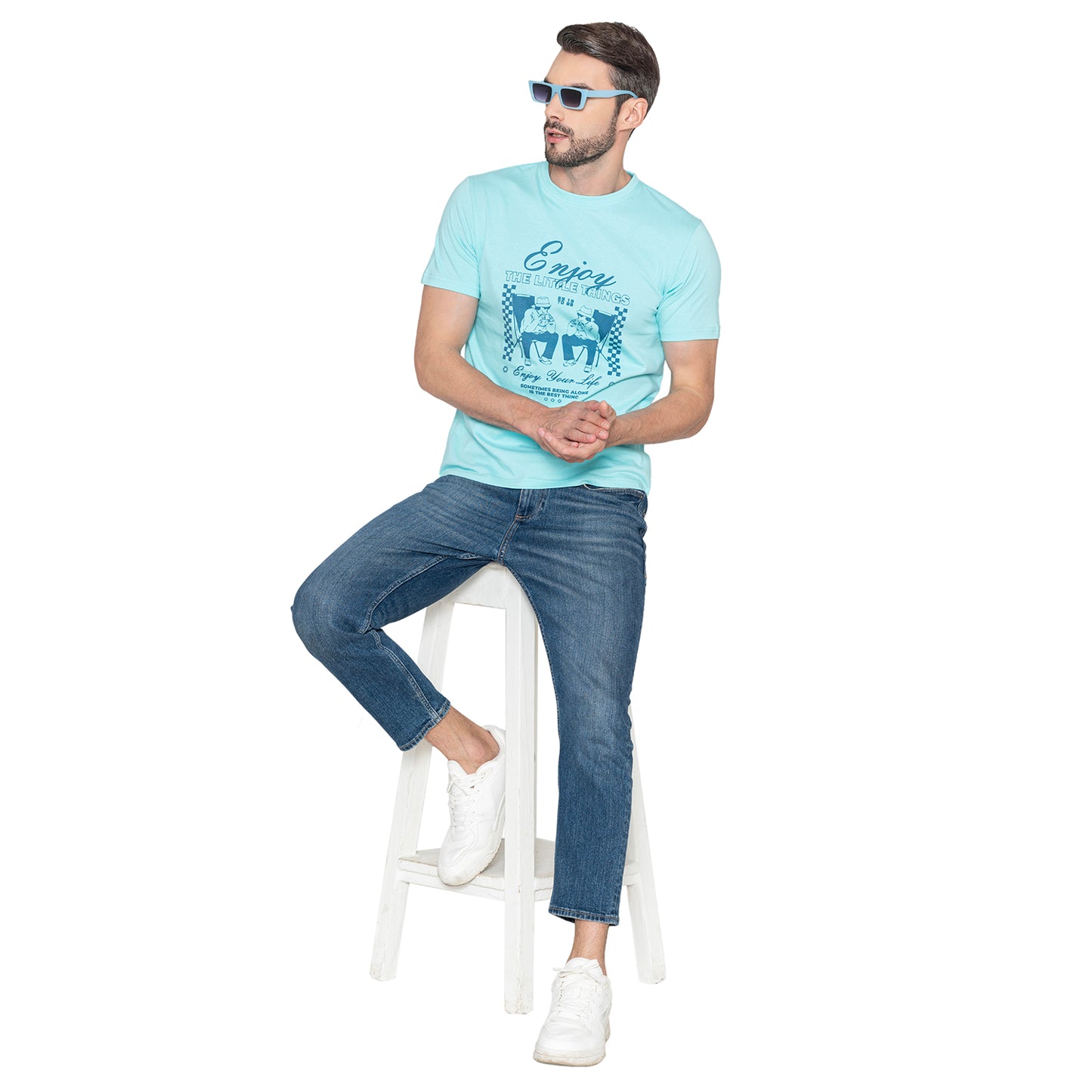 Men's Printed Cotton T-Shirt - Aruba Blue