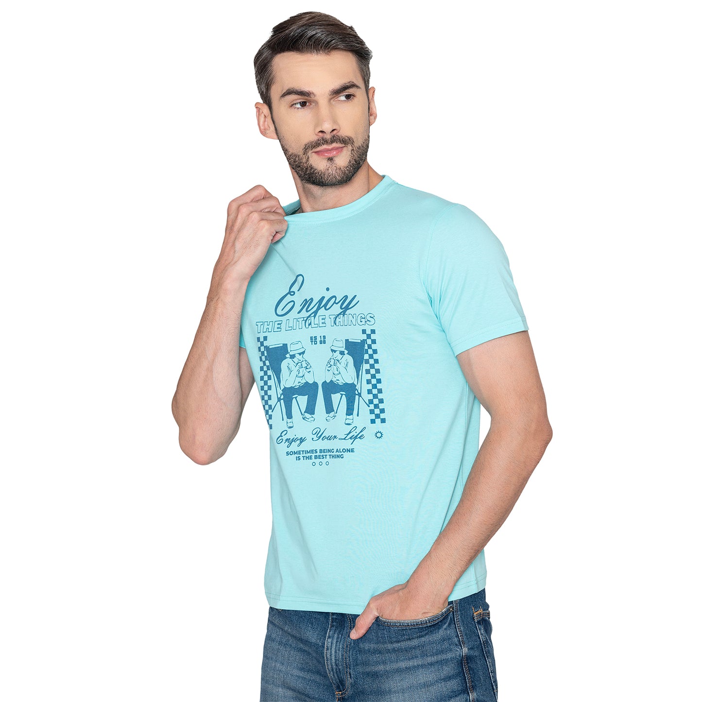 Men's Printed Cotton T-Shirt - Aruba Blue