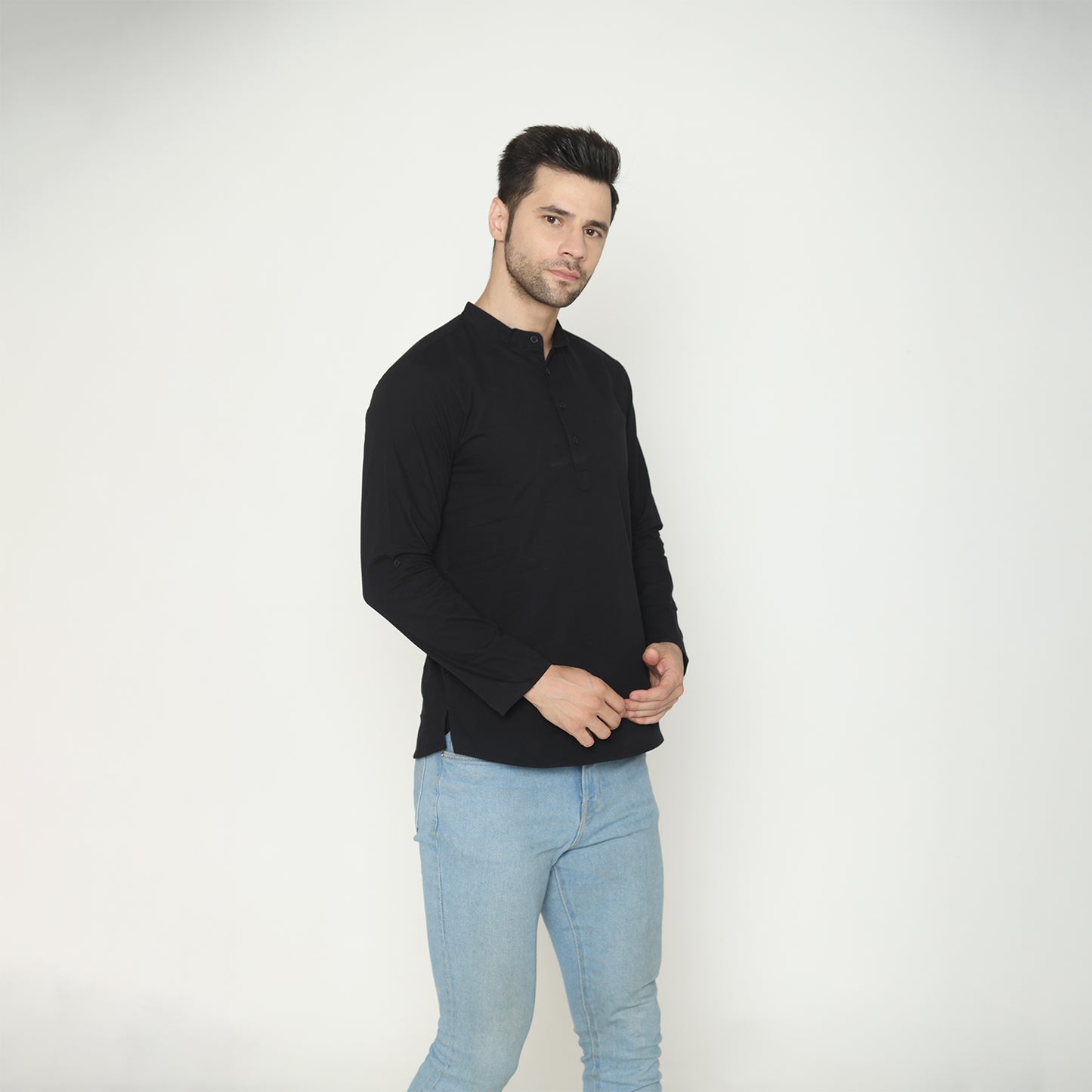 Men's Solid Short Kurta - Black