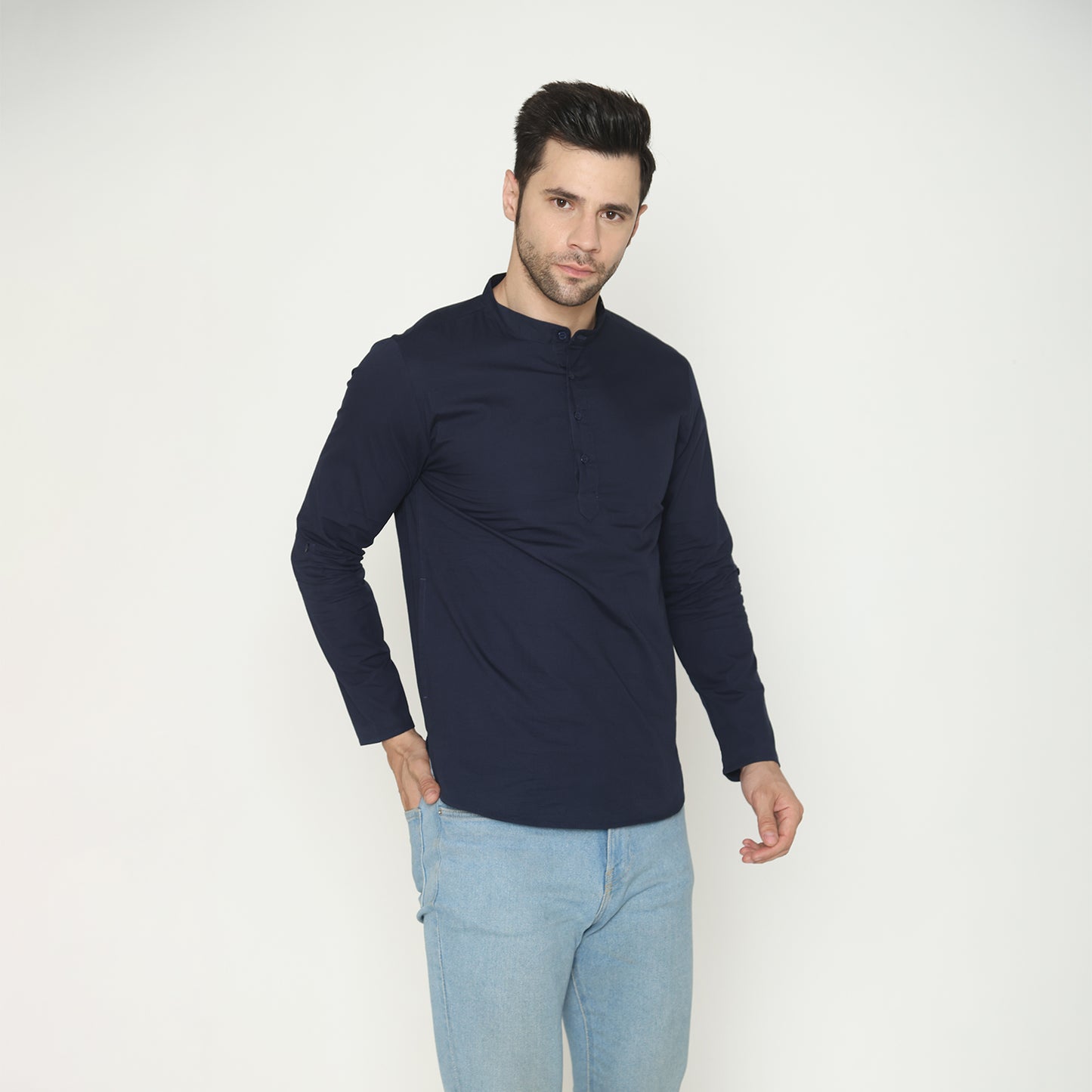 Men's Solid Short Kurta - Navy