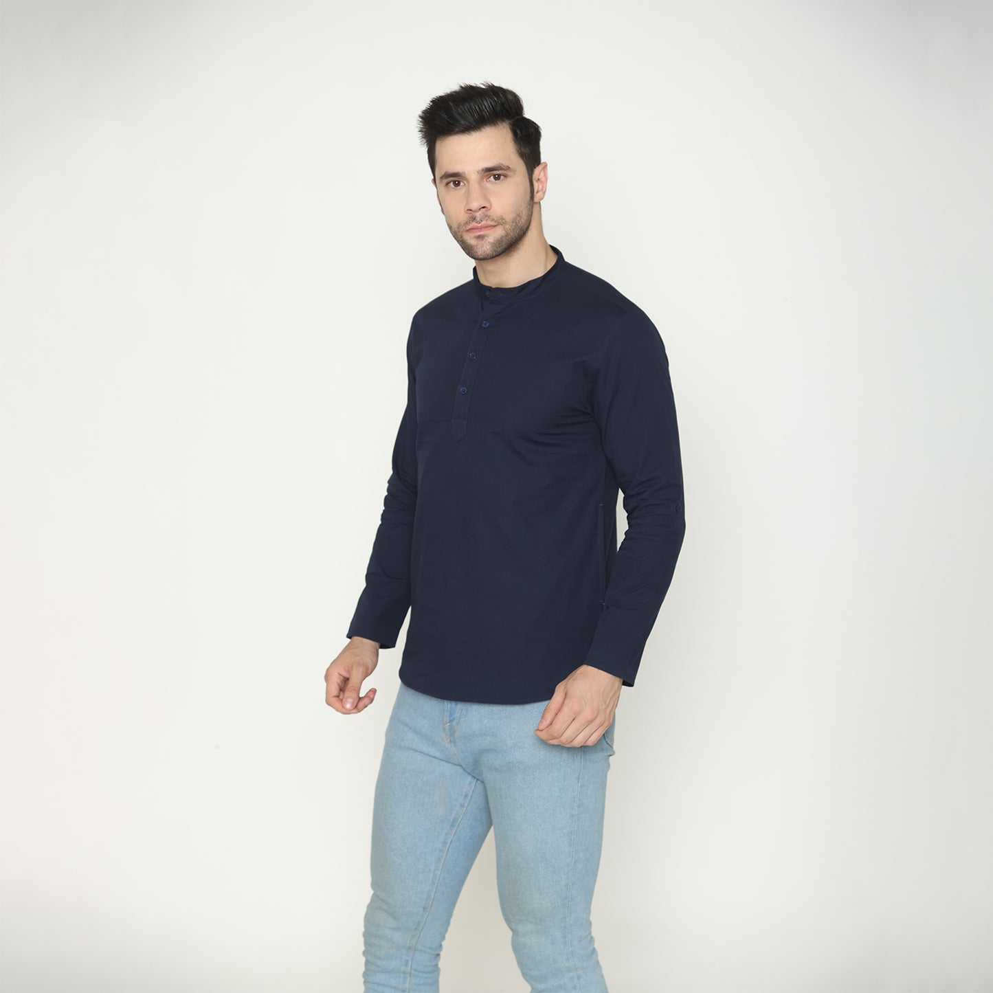 Men's Solid Short Kurta - Navy