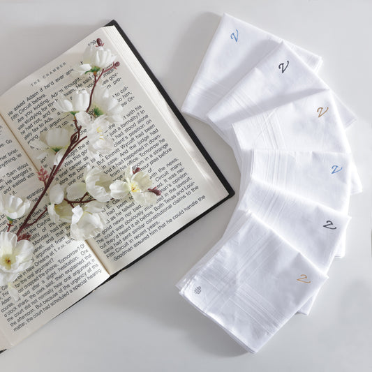 Men's White Cotton Handkerchief With Alphabet V Initial (Pack of 6)