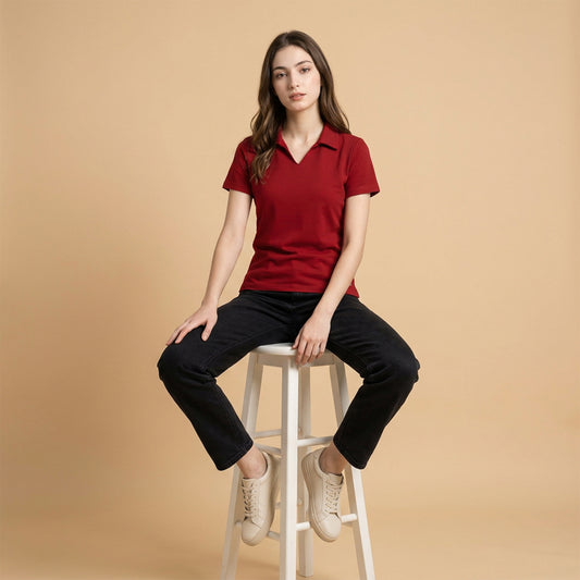 Women’s Solid Red Polo Half Sleeve T-Shirt