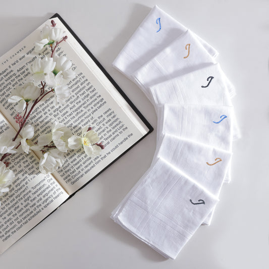 Men's White Cotton Handkerchief With Alphabet J Initial (Pack of 6)