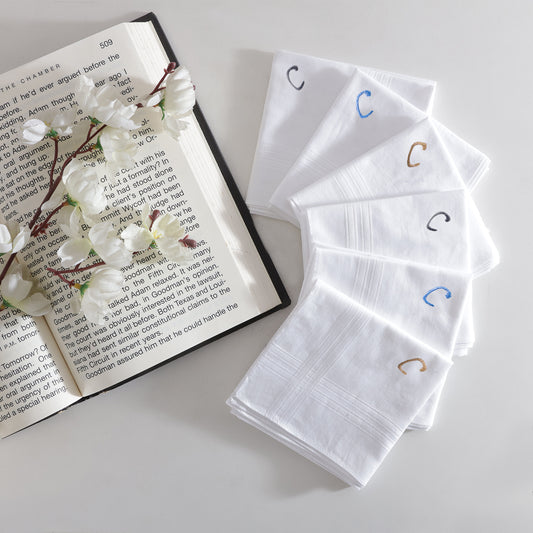 Men's White Cotton Handkerchief With Alphabet C Initial (Pack of 6)