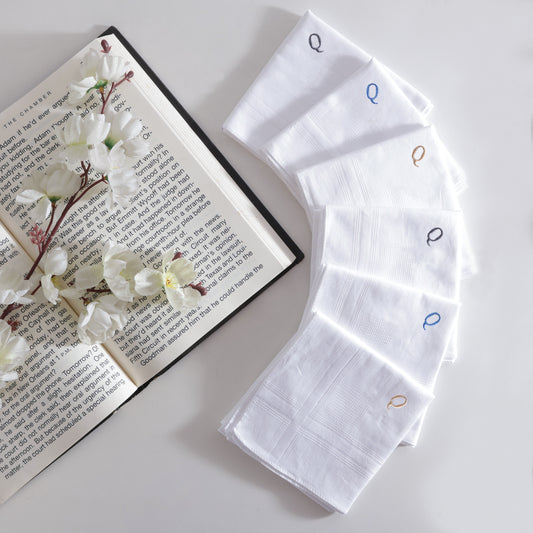 Men's White Cotton Handkerchief With Alphabet Q Initial (Pack of 6)