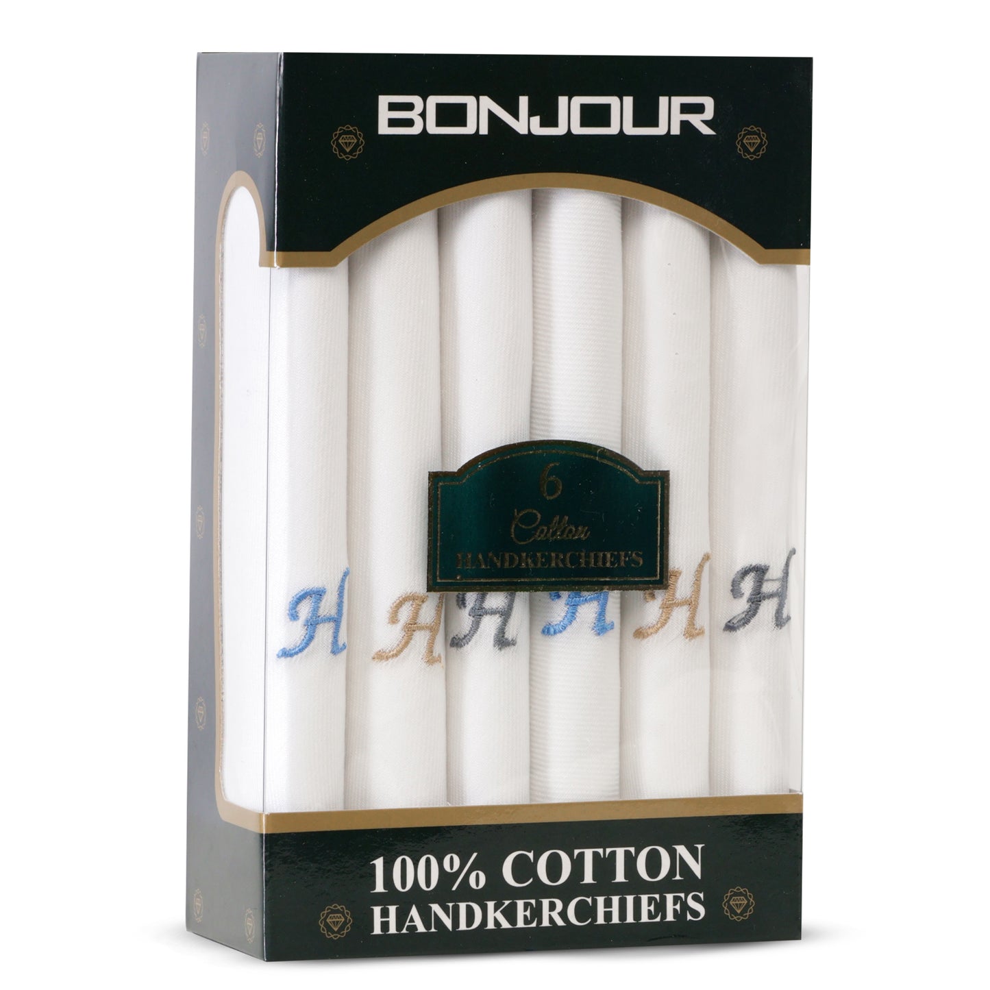 Men's White Cotton Handkerchief With Alphabet H Initial (Pack of 6)