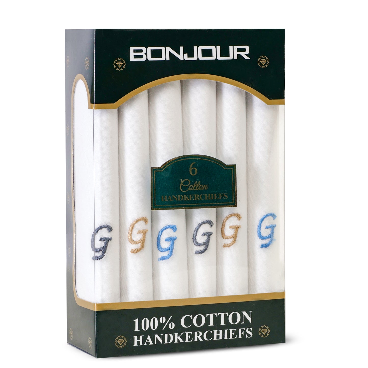 Men's White Cotton Handkerchief With Alphabet G Initial (Pack of 6)