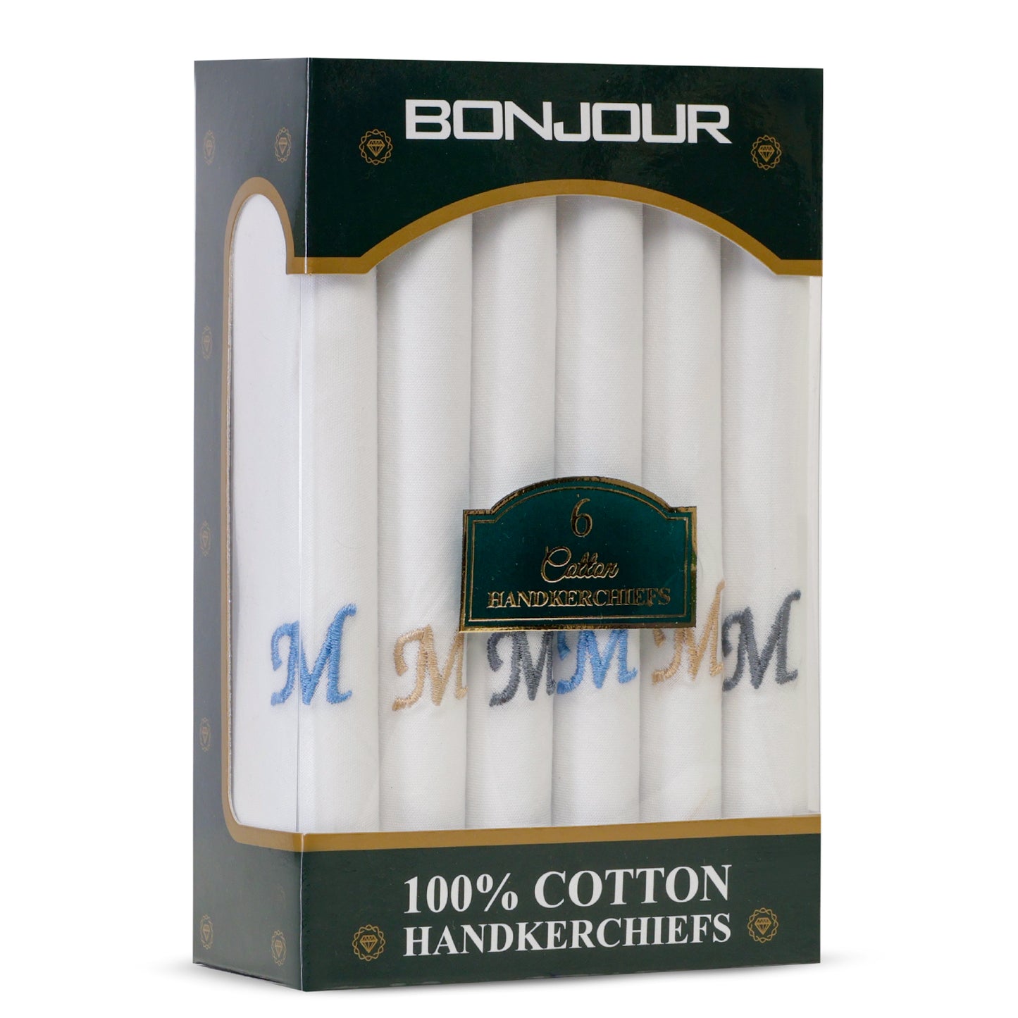 Men's White Cotton Handkerchief With Alphabet M Initial (Pack of 6)