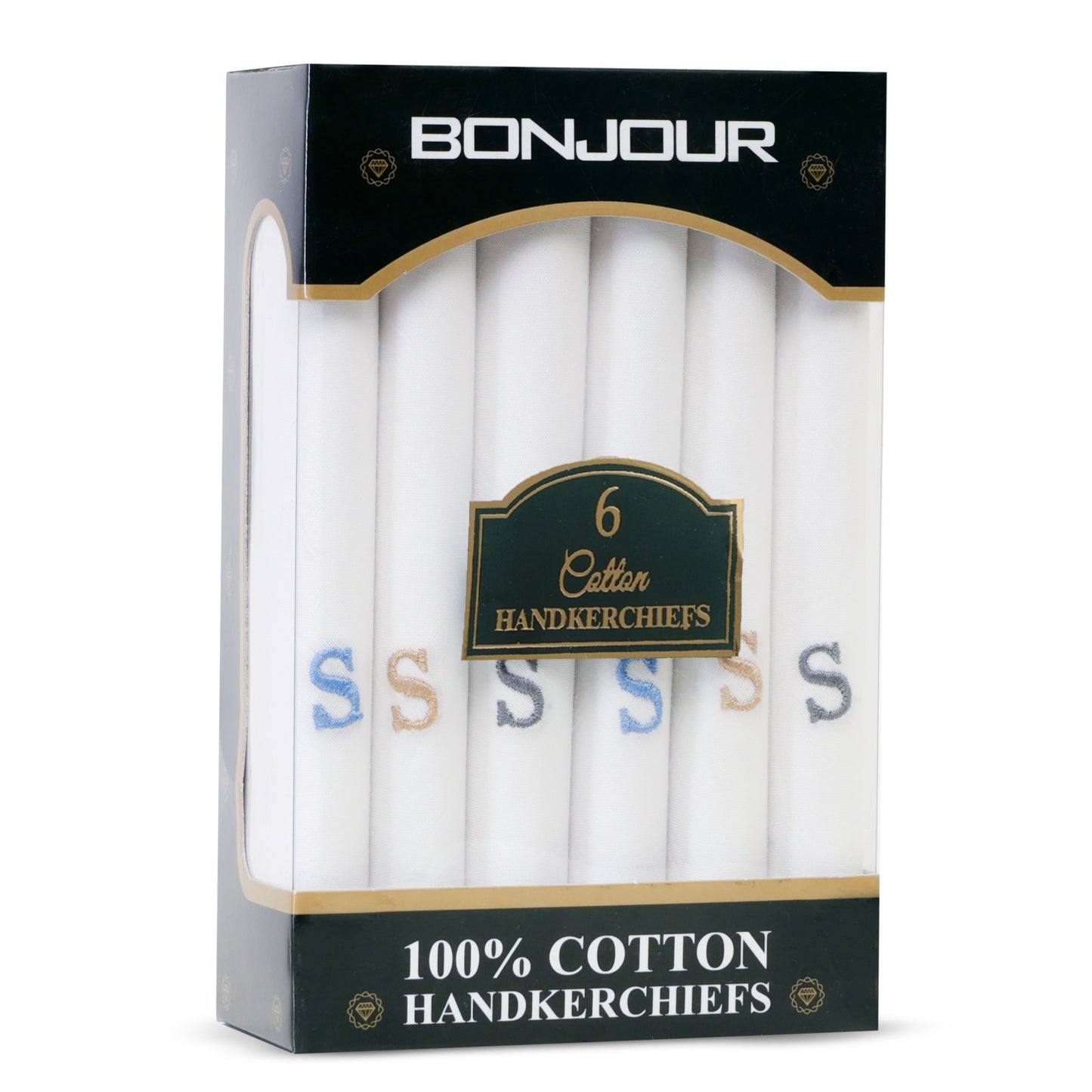 Men's White Cotton Handkerchief With Alphabet S Initial (Pack of 6)