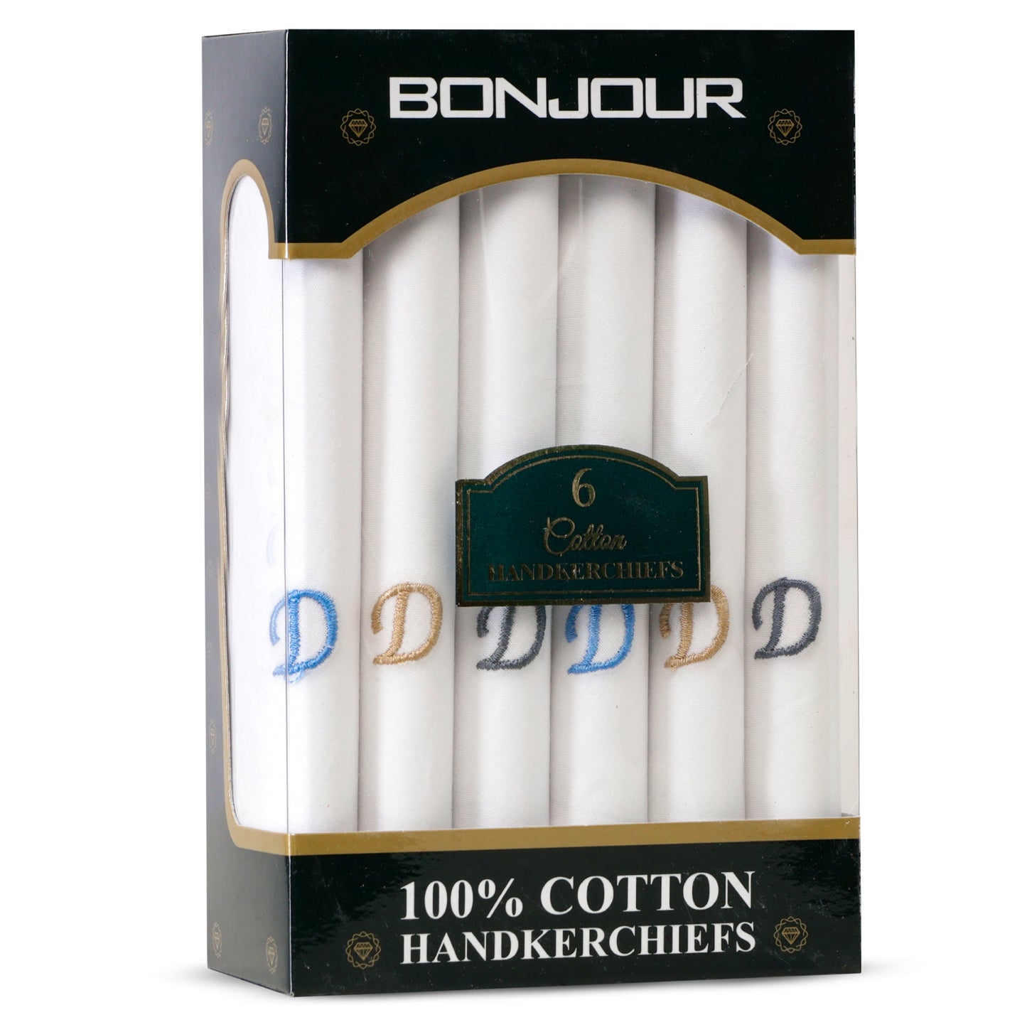 Men's White Cotton Handkerchief With Alphabet D Initial (Pack of 6)