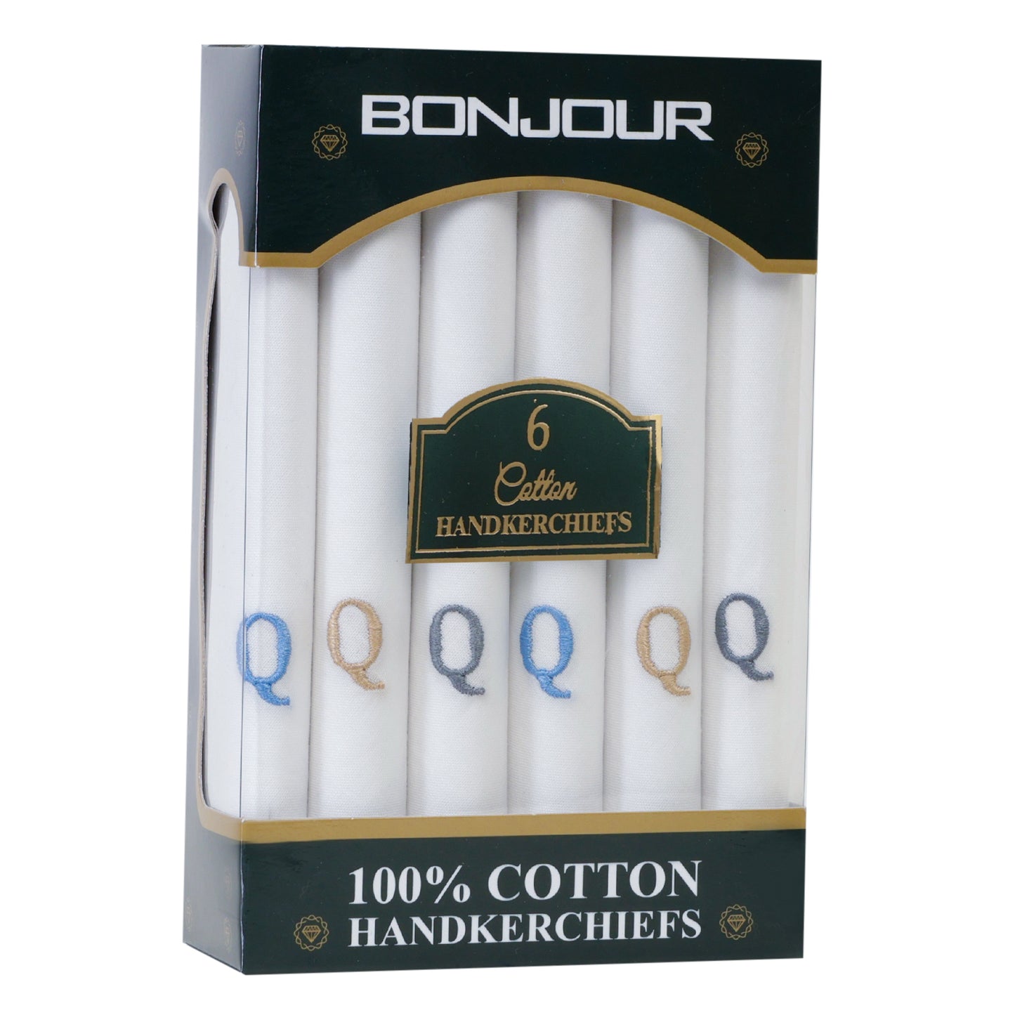 Men's White Cotton Handkerchief With Alphabet Q Initial (Pack of 6)