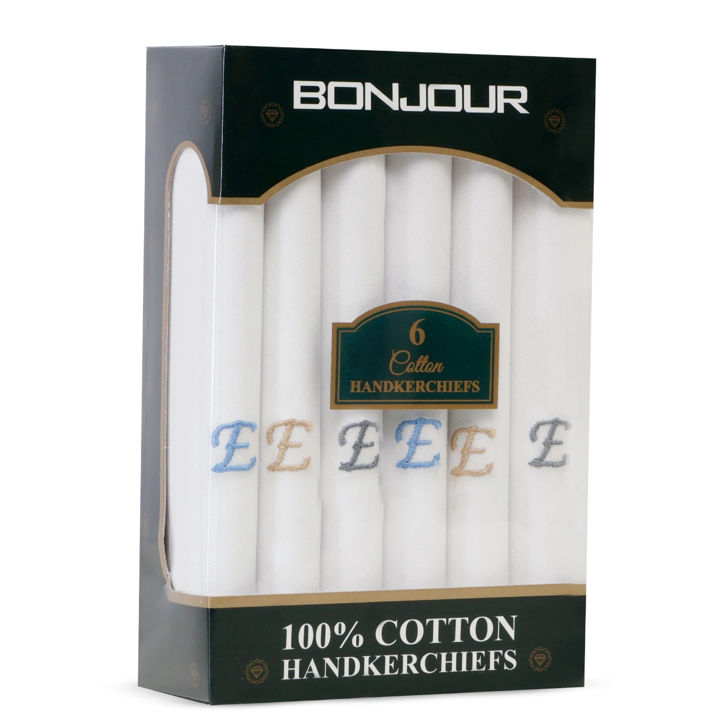 Men's White Cotton Handkerchief With Alphabet E Initial (Pack of 6)