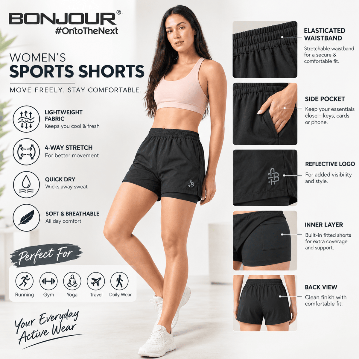 Bonjour Women's Polyester Blend Dual Layer Sports Shorts with Inner Tight | | Running Shorts with Inner Drawstring