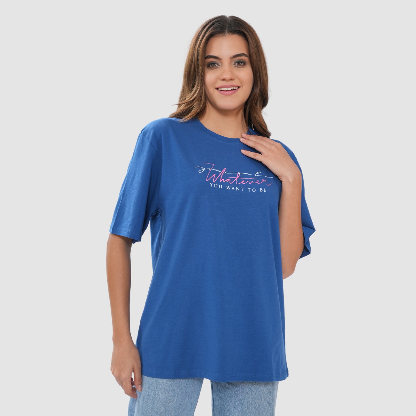 Women-Knitted-Fabric-Regular-Fit-Half-Sleeve-Tee/T-shirt - Strong Blue