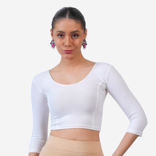 Women's 3/4 Length Cotton Stretchable Readymade Plain Blouse - White
