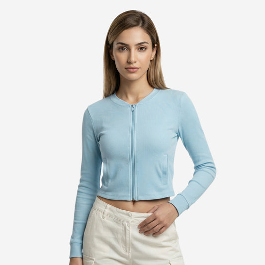 Women’s Lt.Blue Ribbed Zip-Up Cropped Jacket (Pack of 1)
