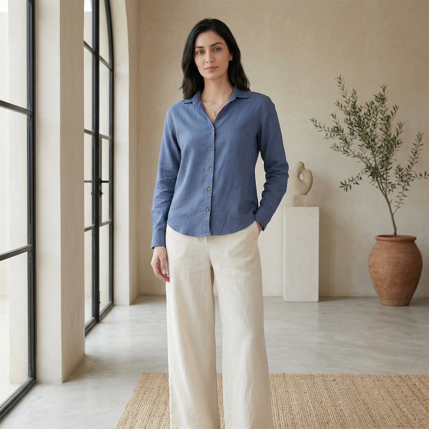 Women Linen Comfort Shirt - (Denim Blue)
