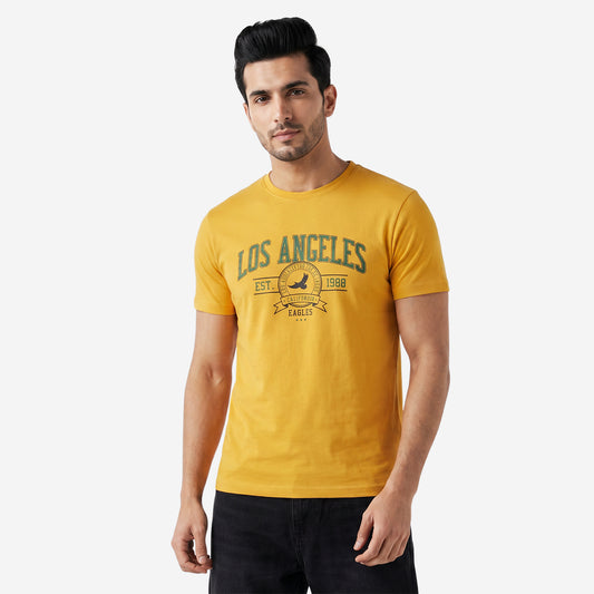 Men's Mustard Printed Round Neck Short Sleeve T-Shirt