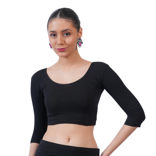 Women's 3/4 Length Cotton Stretchable Readymade Plain Blouse - Black