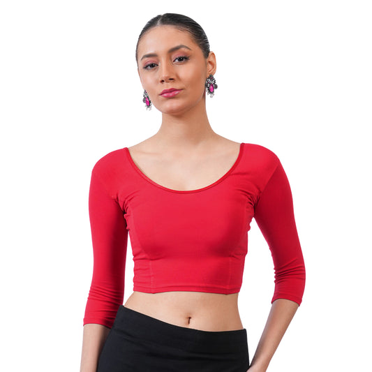 Women's 3/4 Length Cotton Stretchable Readymade Plain Blouse - Red