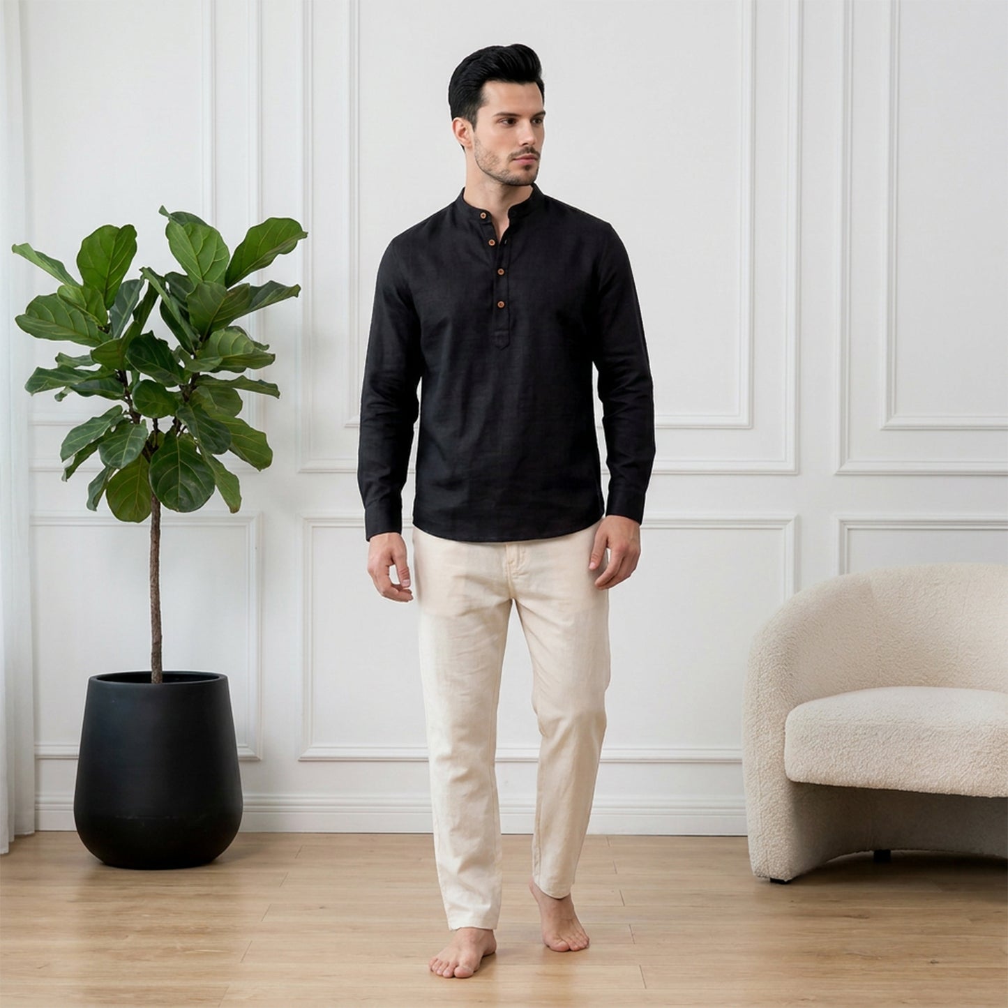 Men’s Linen Short Kurta | Solid Black Mandarin Collar