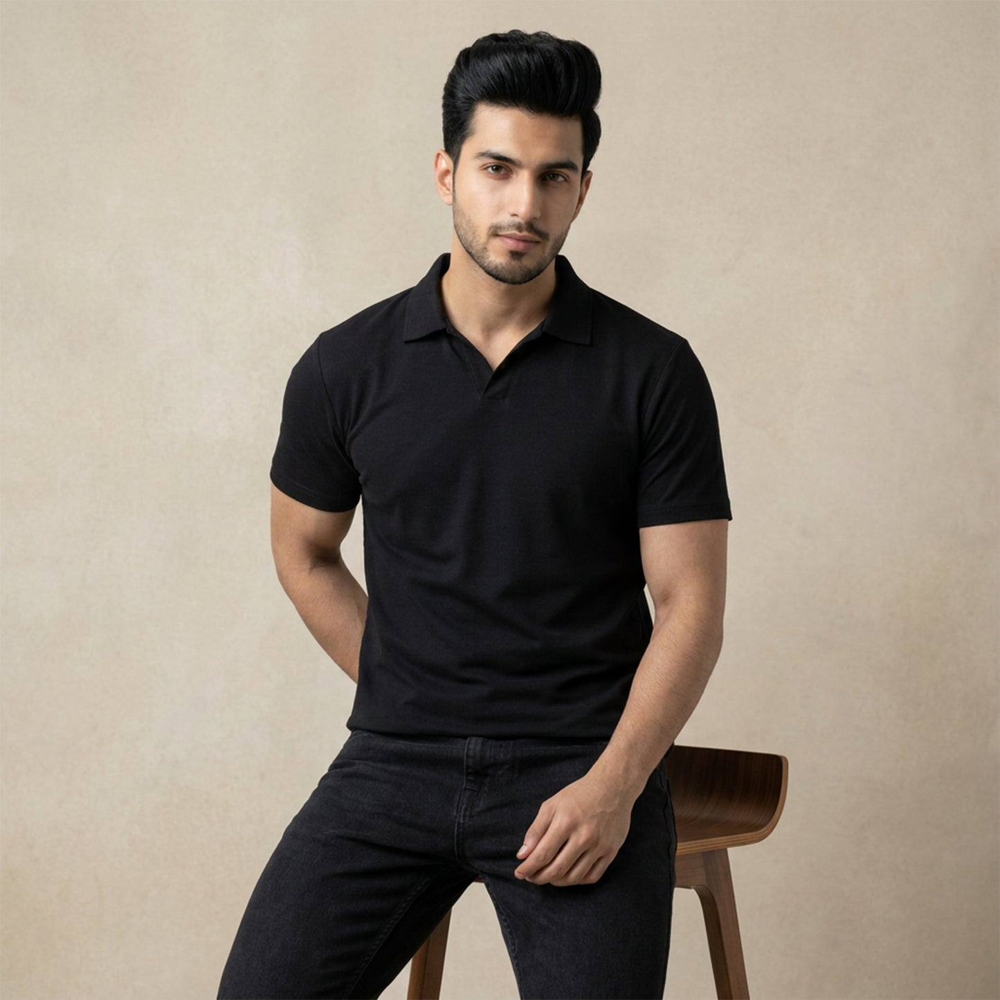 Men's Solid Black Polo Half-Sleeve T-Shirt