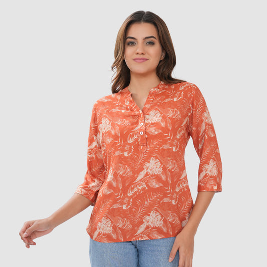 Women’s Printed Cotton Casual Top with 3/4 Sleeves & Button Placket