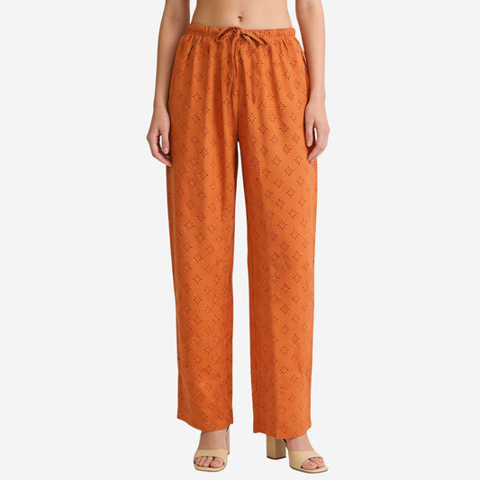 Women Printed Rayon Relaxed-Fit Lounge Pyjama Pants - Orange