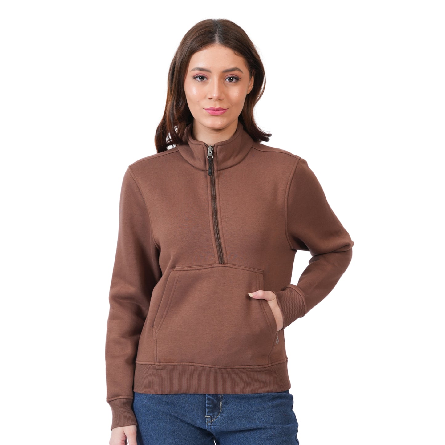 Women Half Zipper Sweatshirt (Brown)