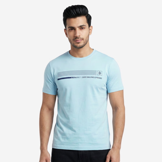 Men's Sky Blue Printed Round Neck Short Sleeve T-Shirt