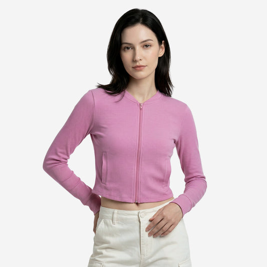 Women’s Pink Ribbed Zip-Up Cropped Jacket (Pack of 1)