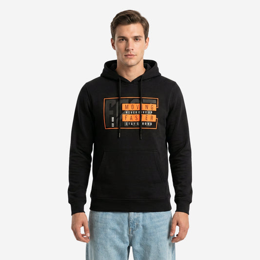Relaxed Fit Printed Pullover Hoodie for Men (Black)