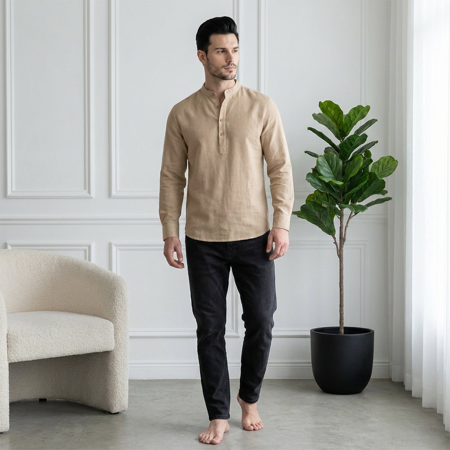 Men’s Linen Short Kurta | Solid Dk.Beige Mandarin Collar