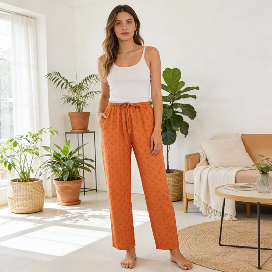 Women Printed Rayon Relaxed-Fit Lounge Pyjama Pants - Orange