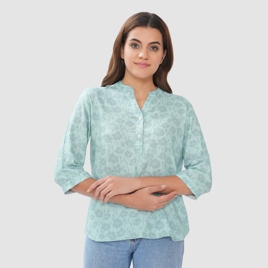 Women’s Printed Cotton Casual Top with 3/4 Sleeves & Button Placket