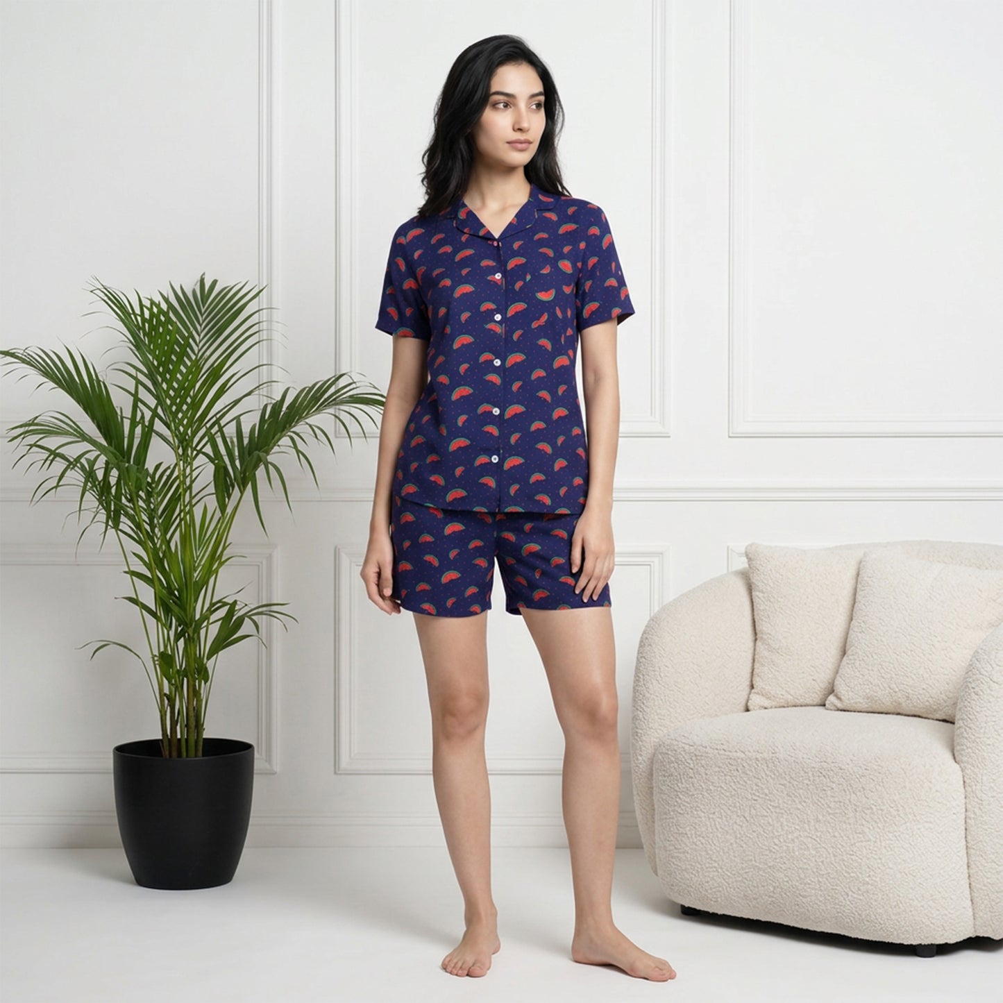 Women Watermelon Print Rayon Loungewear Set - (Blue)
