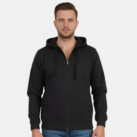 Men’s Solid Zipper Hooded Jacket (Black)