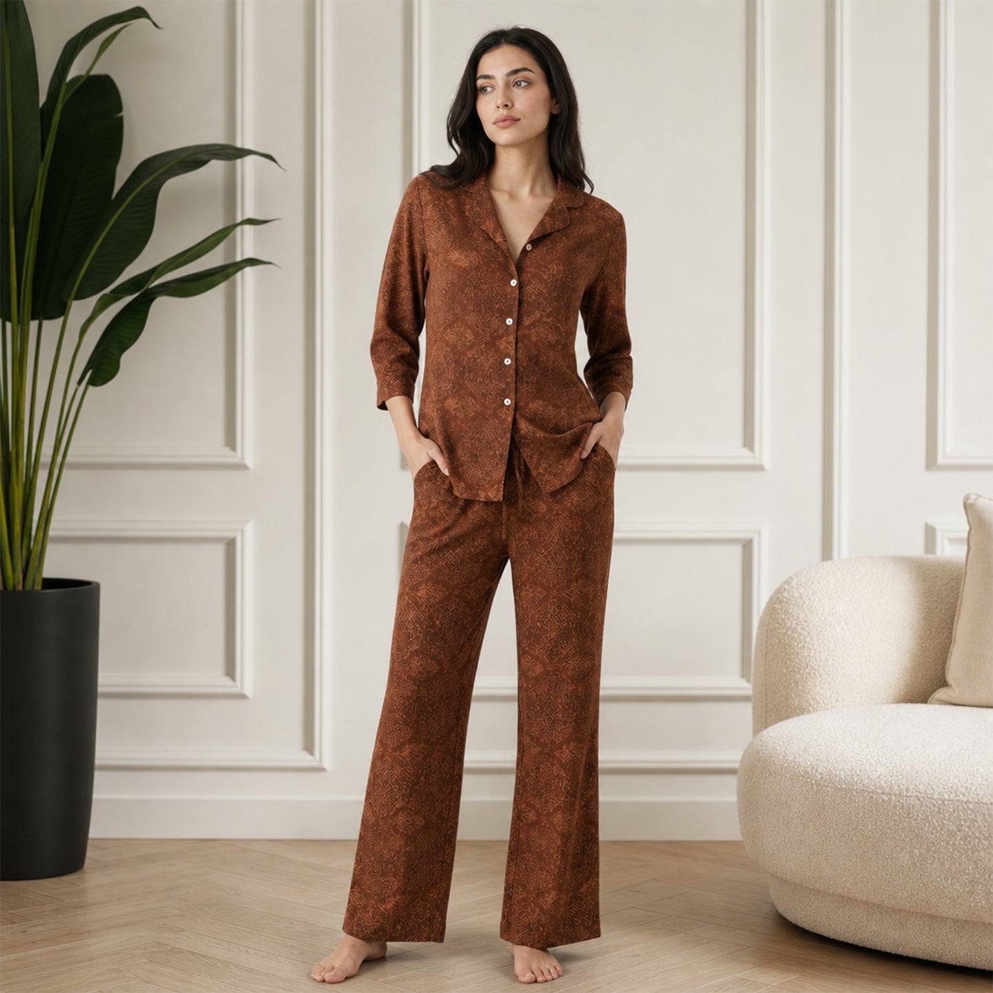 Women Printed Rayon Loungewear Set - (Brown)