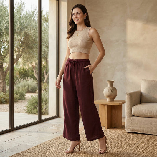Women Solid Woven Viscose Palazzo -Wine