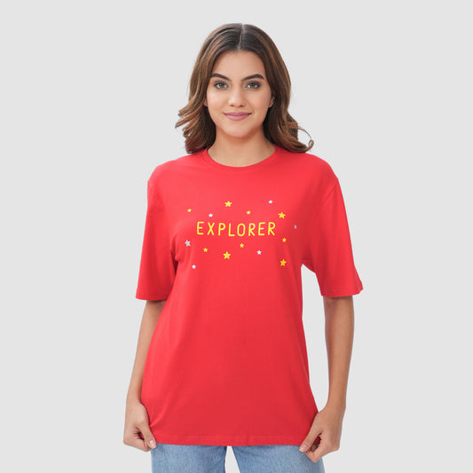 Women Knitted Fabric Regular Fit Half Sleeve Tee/T-shirt - True Red